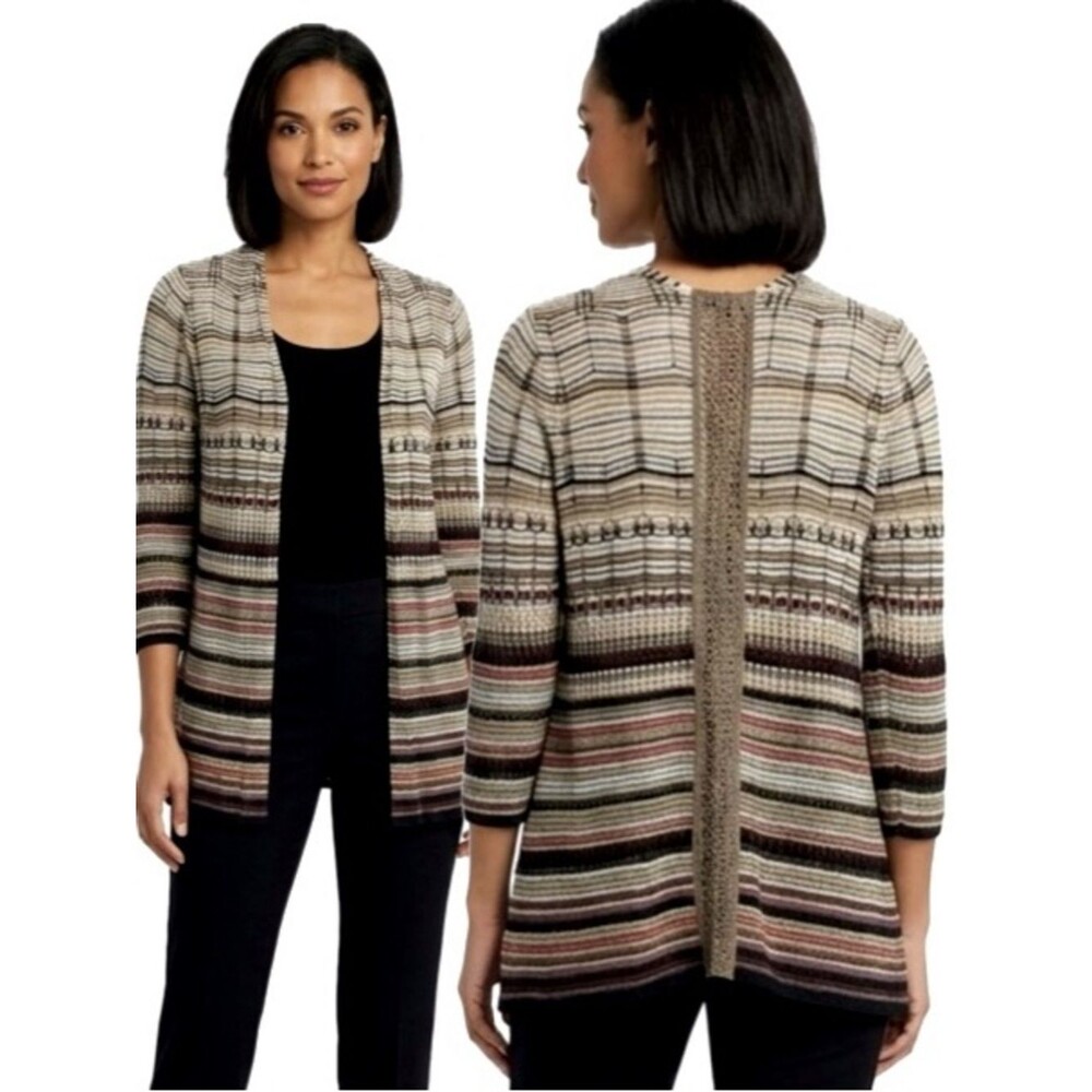 Nic & Zoe Striped Linen Blend Long Cardigan Size M Open Knit Crochet Back Artsy